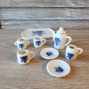 Vintage 9 Pc Porcelain Miniature Tea Set Grape Leaf Design Missing 1 Lid